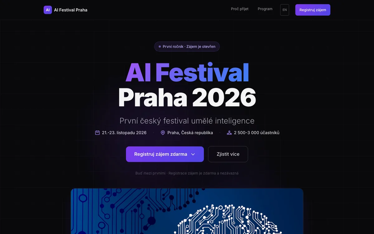 AI Festival Praha – úvodní stránka na počítači
