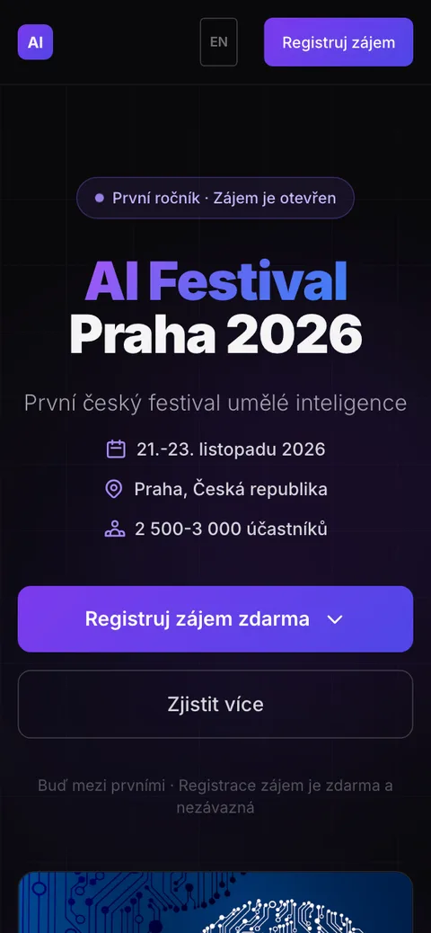 AI Festival Praha – úvodní stránka na mobilu