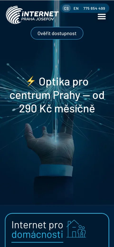 Internet Praha 1 – úvodní stránka na mobilu