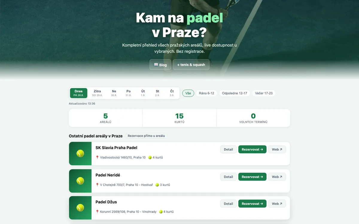 Kam na padel – úvodní stránka na počítači