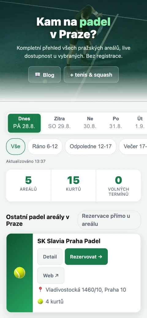 Kam na padel – úvodní stránka na mobilu