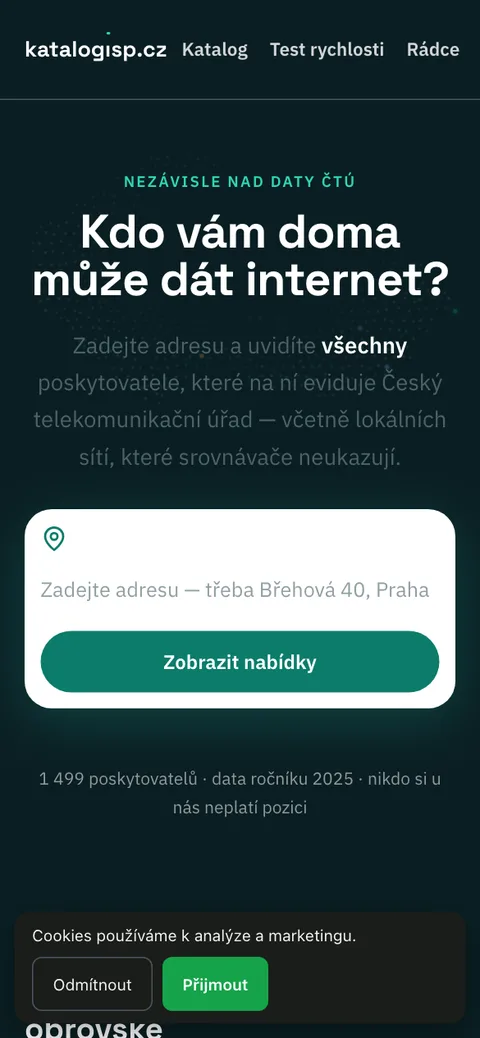 Katalog ISP – úvodní stránka na mobilu