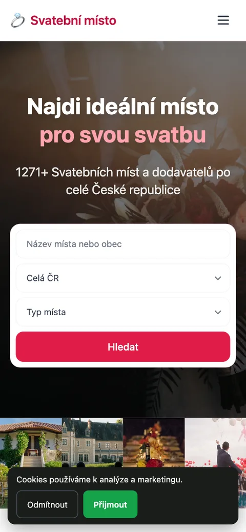 Svatební místo – úvodní stránka na mobilu