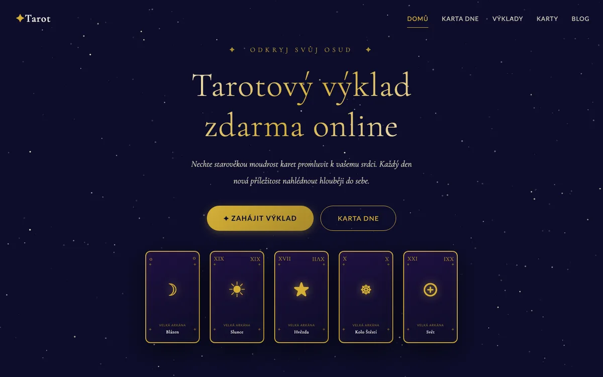 Tarot mluví – úvodní stránka na počítači