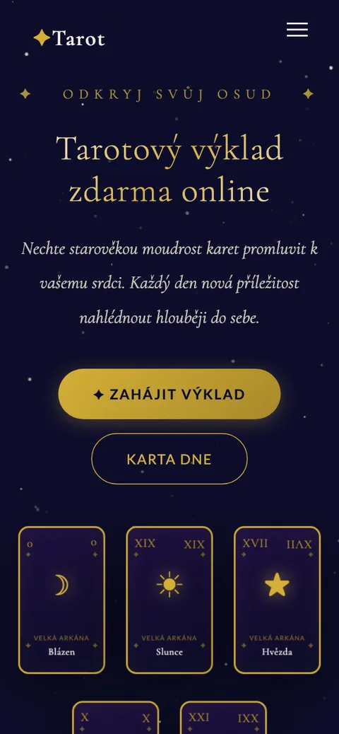 Tarot mluví – úvodní stránka na mobilu