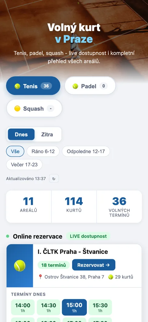 Volný kurt – úvodní stránka na mobilu